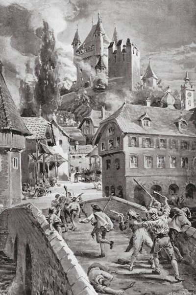 Afbrændingen af slottet Wadenschwyl i 1804 (litografi) af Margaret (after) Dovaston