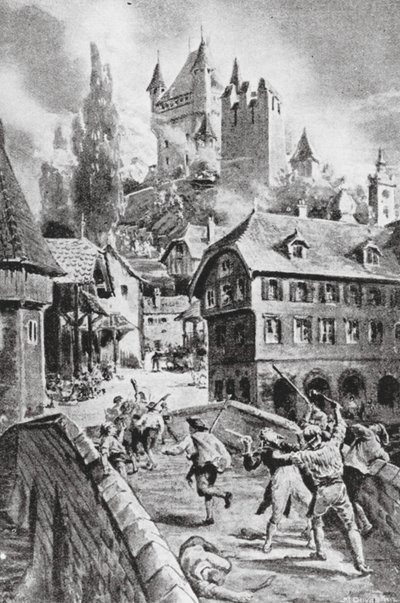 Afbrændingen af slottet Wadenschwyl i 1804 (litografi) af Margaret (after) Dovaston