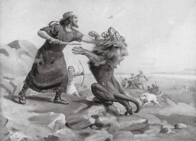 Tiglath-Pileser I dræber en løve (litografi) af Margaret (after) Dovaston