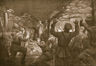 En tysk officer og 14 af hans mænd råber om nåde til løjtnant Leach (litografi) af Margaret Dovaston