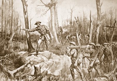 Kaptajn (midlertidig oberstløjtnant) R.B. Barker organiserer forsvaret af en skov (litografi) af Margaret Dovaston