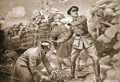 Kaptajn Vickers holdt fjenden på afstand, mens der blev bygget en barriere bag ham (litografi) af Margaret Dovaston