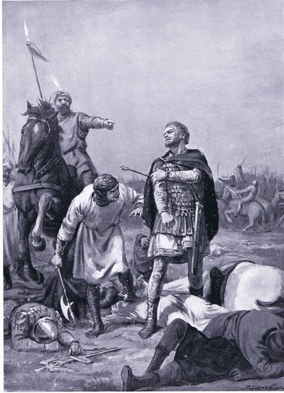 Alp Arslantis tilfangetagelse af kejser Romanus Diogenes i 1071 e.Kr (litografi) af Margaret Dovaston