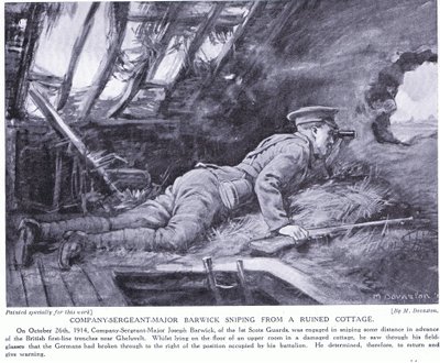 Kompagnisergent Major Barwick skyder fra en ødelagt hytte ved Ghehuvelt oktober 1914 (litografi) af Margaret Dovaston