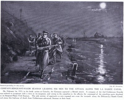 Kompagniets sergent, major Seaman, fører sine mænd langs La Basse-kanalen i februar 1915 (litografi) af Margaret Dovaston