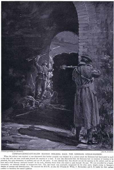 Kompagniets sergent major Seaman vandt et DCM for egenhændigt at have afværget et tysk angreb i februar 1915 (litografi) af Margaret Dovaston