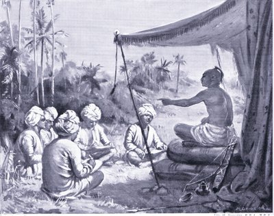 Kulottunga Chola instruerer sine landmålere 1086 AD (litografi) af Margaret Dovaston
