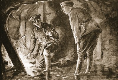 Underkorporal Evason og en officer lytter til tyskere i en modmine (litografi) af Margaret Dovaston