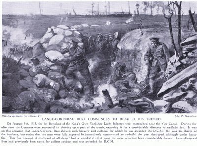 Underkorporal Best blev tildelt en DCM for at begynde at genopbygge sin skyttegrav ved Yser-kanalen under kraftig beskydning i august 1915 (litografi). af Margaret Dovaston