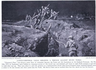 Underkorporal Jacka vinder en VC ved at vise, hvordan én mand kan slå syv maj 1915 (litografi) af Margaret Dovaston