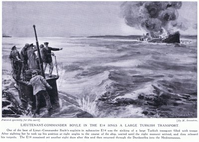 Kaptajnløjtnant Boyle i E14 sænker en stor tyrkisk transport i 1915 (litografi) af Margaret Dovaston