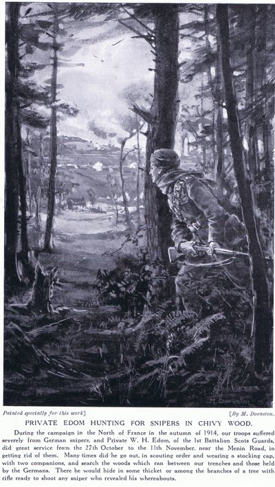 Menig Edom på jagt efter snigskytter i Chivy Wood, efteråret 1914 (litografi) af Margaret Dovaston