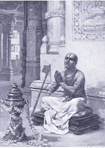 Ramanuja overvejer sin filosofi om den ene personlige Gud 1100 e.Kr (litografi) af Margaret Dovaston