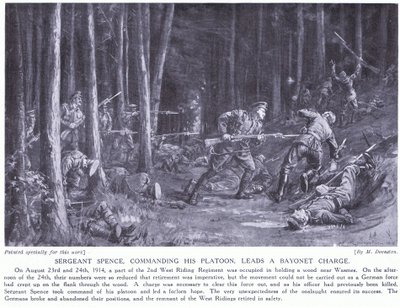 Sergent Spence vandt en DCM for at lede sin deling i et bajonetangreb i en skov nær Wasmes i august 2014 (litografi). af Margaret Dovaston