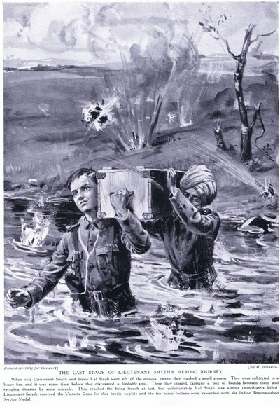 Sidste etape af løjtnant Smyths heltemodige rejse: Tildelt Victoriakorset i maj 1915 (litografi) af Margaret Dovaston