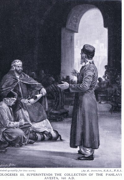 Vologeses III overvåger indsamlingen af Pahlavi Avesta 160AD (litho) af Margaret Dovaston