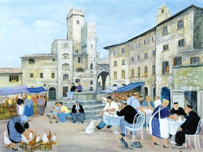 Frokost på en markedsplads i Toscana (olie på lærred) af Margaret Loxton