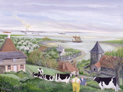 Thames Estuary Farm (olie på lærred) af Margaret Loxton