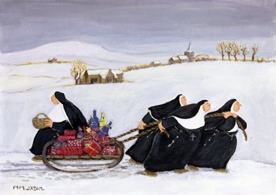 Tobogganing (olie på papir) af Margaret Loxton