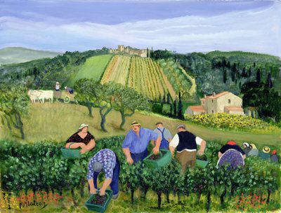 Vingård, oliven og solsikker (olie på lærred) af Margaret Loxton