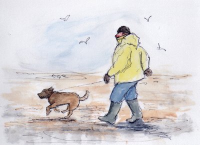 Gåtur med hunden - 01 (pen og akvarel) af Margaret Loxton
