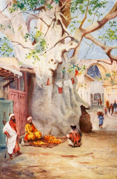Stor vejbred i basaren, Damaskus (farvelitografi) af Margaret Thomas
