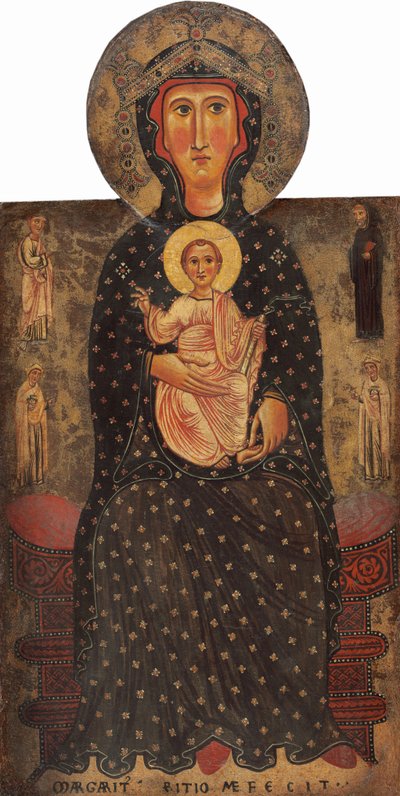 Madonna og barn på tronen med fire hellige, ca. 12401245. af Margarito d