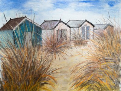Beach Huts, Cornwall, 2022 (pastel) af Margo Starkey