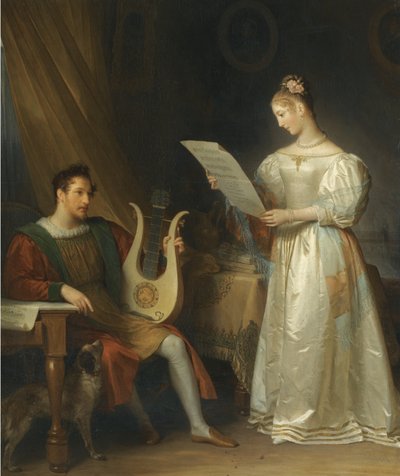 Interiør med en mand med en lyre og en kvinde med et partitur af Marguerite Gerard