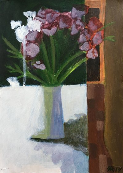 Stilleben med blomster Bordeaux, 2019 (akryl og akvarel på papir) af Maria Magenta