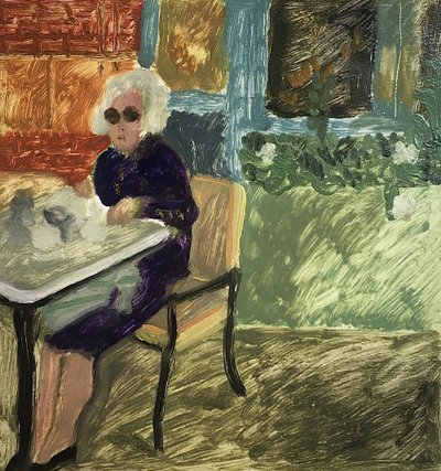 The Lunching Lady eller Lunch in London, 2019 (olie på papir) af Maria Magenta