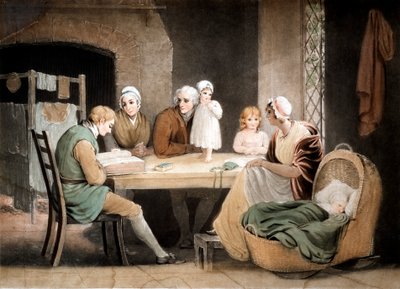 Tre generationer lytter til en oplæsning fra familiebibelen, ca. 1800 af Maria Spilsbury