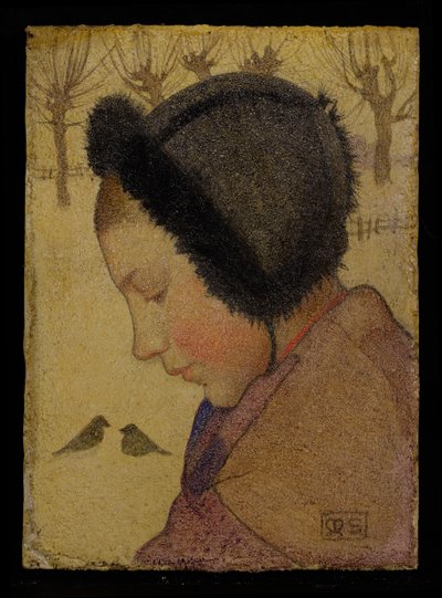Hoved af en ung pige i en pelshat (olie og gesso ombord) af Marianne Stokes