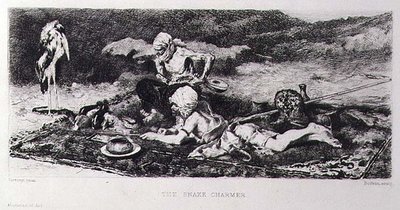 The Snake Charmer, graveret af Emile Boilvin (1845-99) (gravering) af Mariano (after) Fortuny