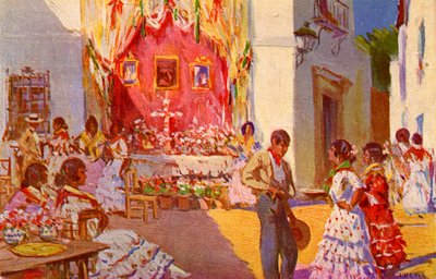 Gadealter til la Cruz de Mayo-festivalen. Sevilla, Spanien (illustration) af Mariano Bertuchi
