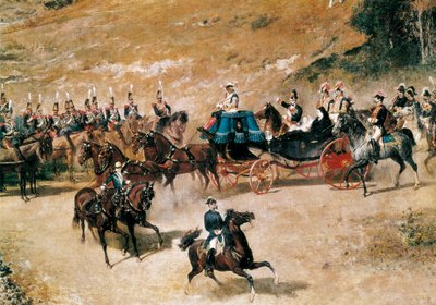 Dronning María Cristina og hendes datter, Isabel II, gennemgår artilleribatterierne, der forsvarer Madrid i 1837, detaljer, ca. 1866 (olie på lærred) af Mariano José María Bernardo Fortuny y Carbó