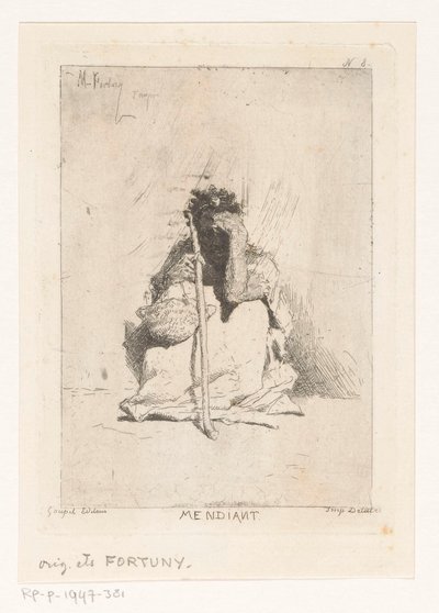 Siddende tigger med stok Mendiant (titel på objekt) af Mariano José María Bernardo Fortuny y Carbó
