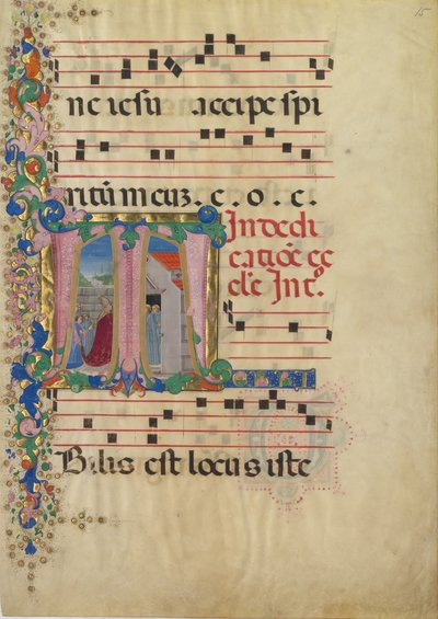 Manuskriptblad med Indvielse af en Kirke i et begyndelses-T, fra en Gradual, 2. Halvdel 15. Aarh. af Mariano del Buono