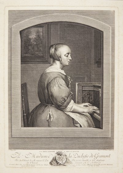 En hollandsk kvinde spiller cembalo, set gennem et vindue af Marie Louise Adélaïde Boizot