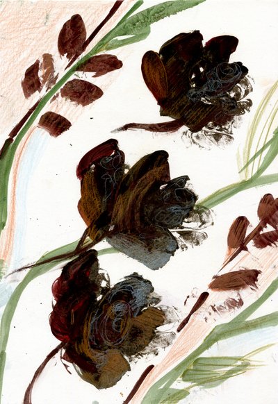 Tørrede blomster, 2020 (olie og blandede medier på A4-papir) af Marina Falco