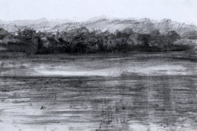 The Lake, 2023 (olie og kul på papir) af Marina Falco