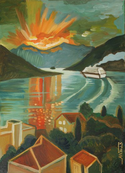 En livlig fjordsejlads ved solnedgang af Marina Gorkaeva