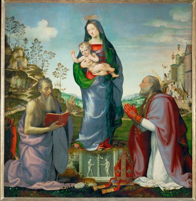 Sankt Hieronymus og Sankt Zenobe tilbeder Jesusbarnet ... af Mariotto Albertinelli