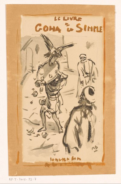Mand med bakke angrebet af en rovfugl Le livre Goha le Simple (titel på objekt) af Marius Bauer (signed by artist)