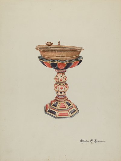 Døbefont og stativ, ca. 1939. af Marius Hansen