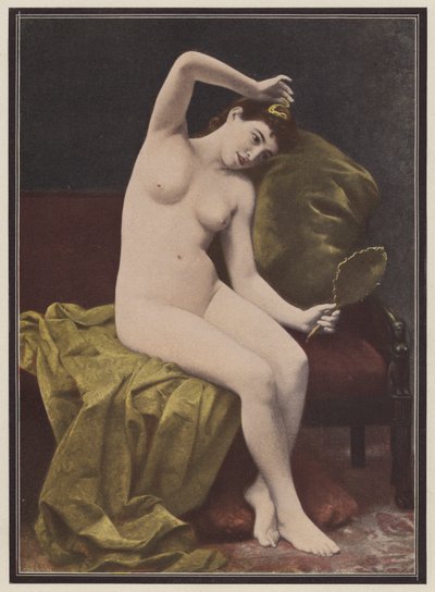 Coquetry, kvinde med et spejl (farve litho) af Marius Vasselon