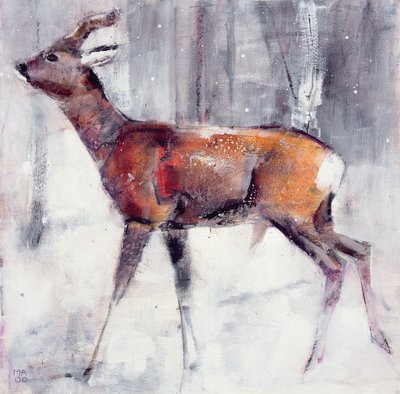 Buck in the snow, 2000 (mixed media på papir) af Mark Adlington