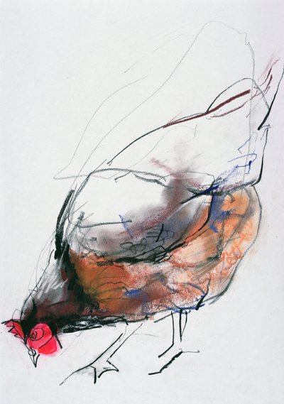 Feeding Hen, Trasierra, 1998 (grafit, conte og trækul på papir) af Mark Adlington