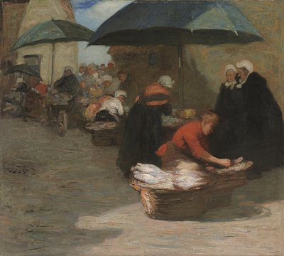 Et flamsk fiskemarked (olie på lærred) af Mark Senior