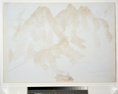 Bjerglandskab med bygninger i forgrunden af Marsden Hartley